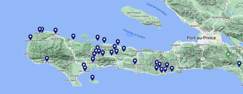 A map of of Haiti's southern peninsula with all of the participating healthcare facilities in the IHSD/Kore Sante program marked.