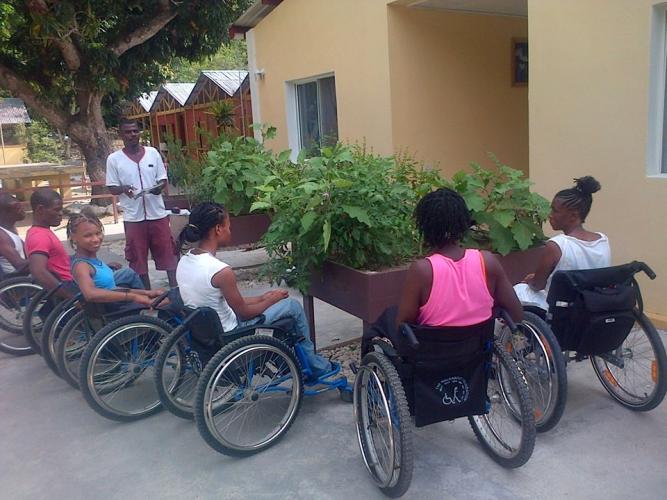 Group of people in wheelchairs tending to a raised garden 